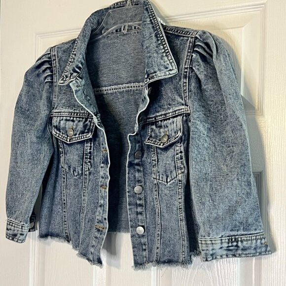 Cropped Jean Jacket - Size Medium - Puff Sleeves - ¾ Sleeves - Neatly Frayed Hem - Picture 2 of 7